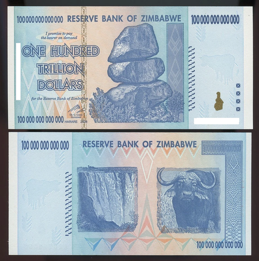 Zimbabwe 100 Trillion Dollar X 5 Notes