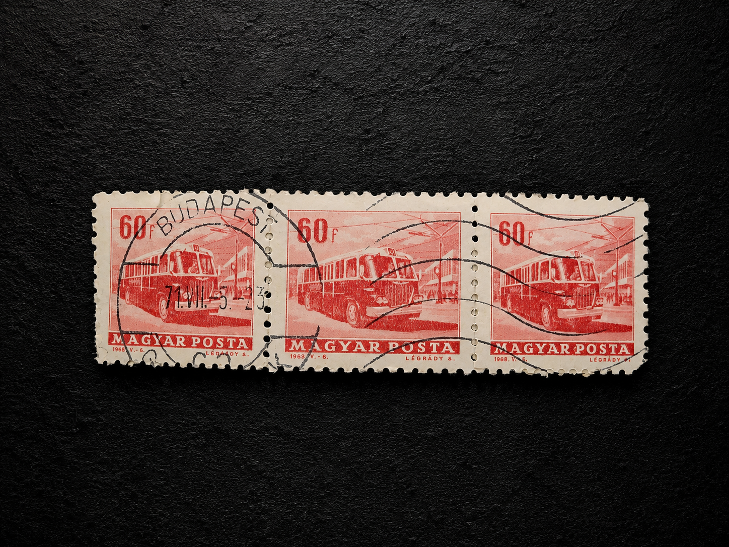 1968 Hungary 60 Fillér Bus Stamp Strip of 3 – Used – Budapest Postmark