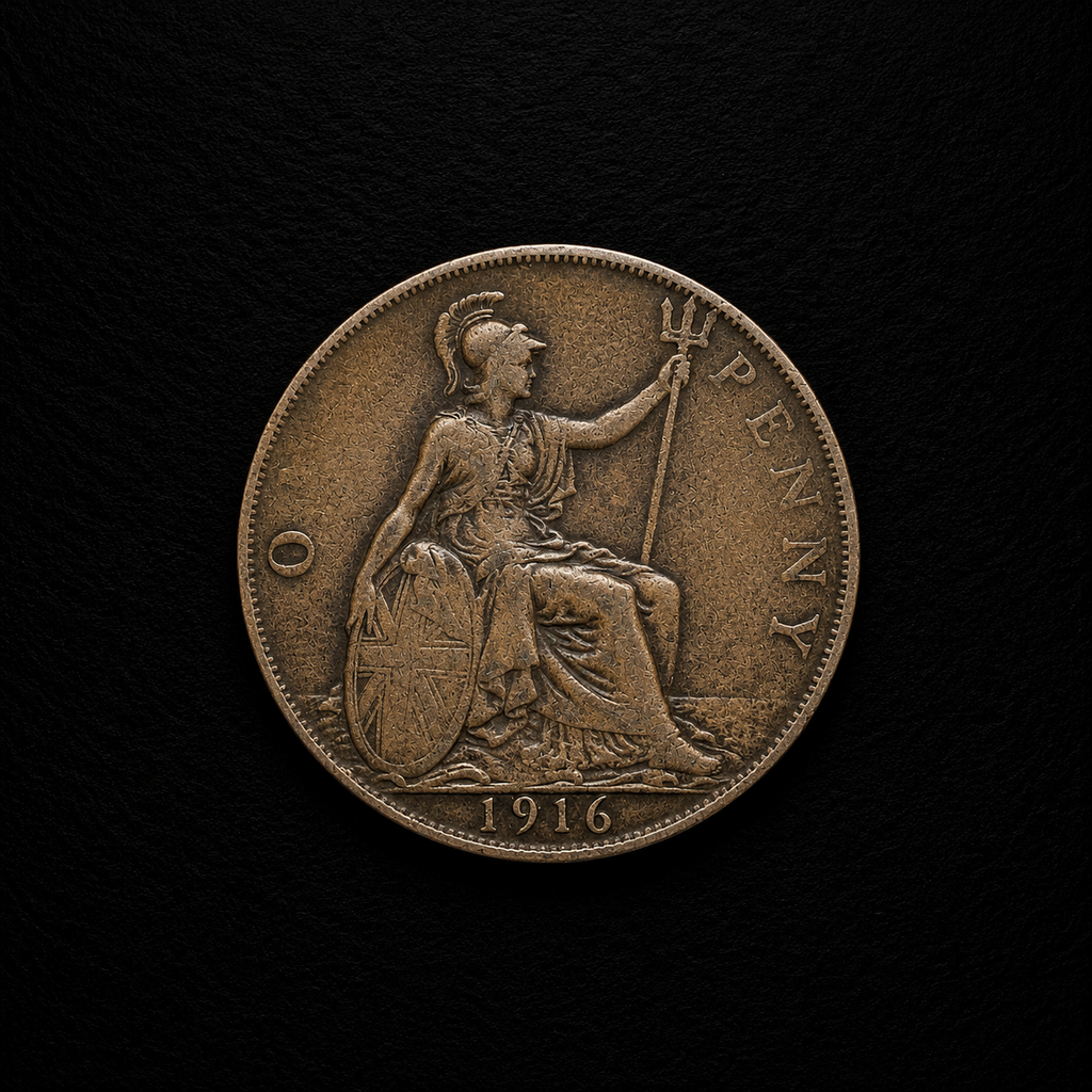 1916 Great Britain One Penny Coin – Historic Britannia Bronze Coin