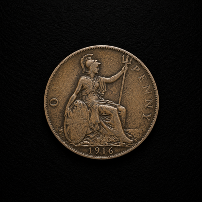 1916 Great Britain One Penny Coin – Historic Britannia Bronze Coin